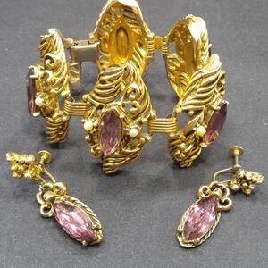 Vintage Purple Rhinestone Bracelet Earrings Set Gold Tone Chunky 1950s